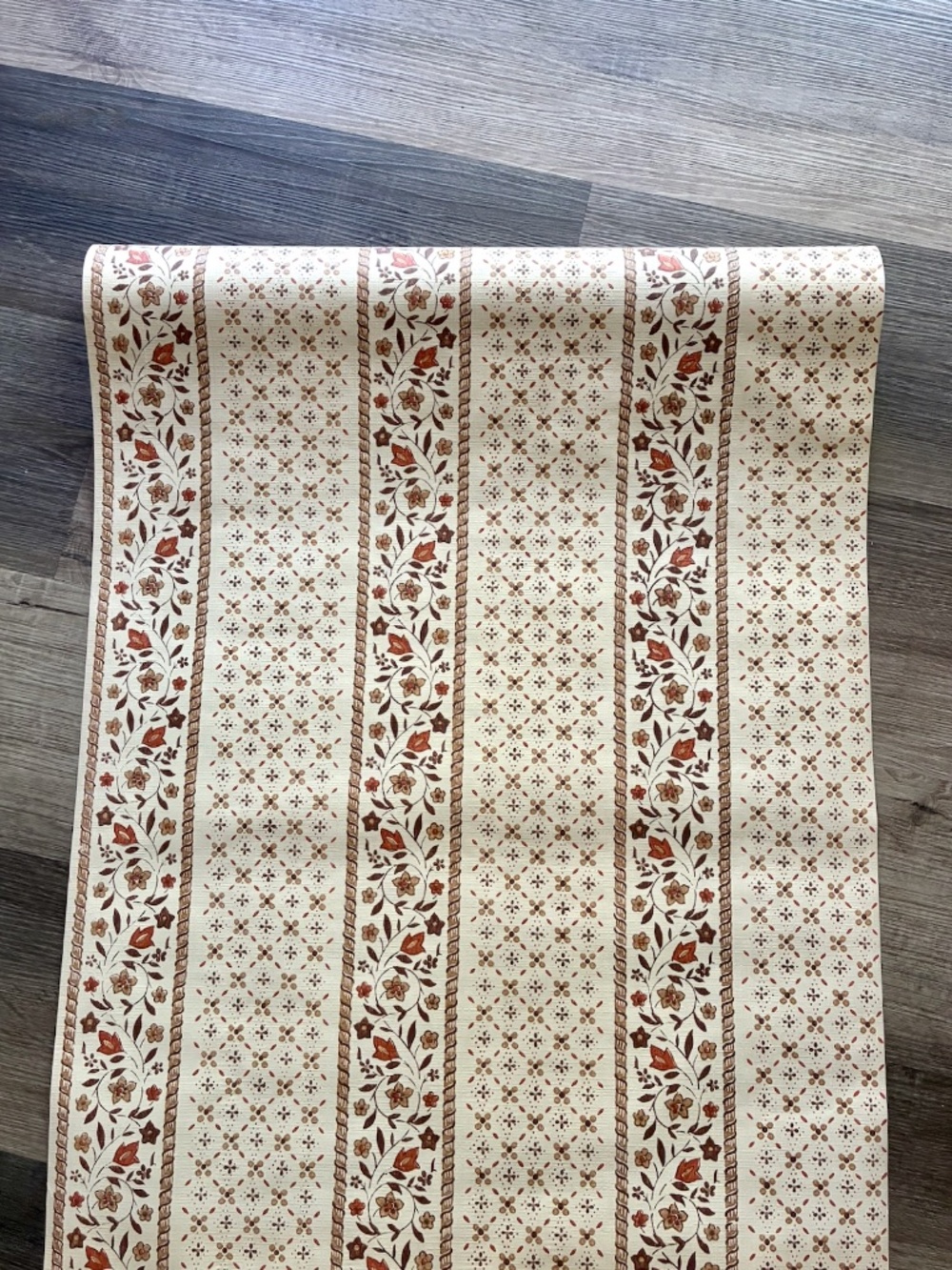 VTG 1970s Calico Striped Wallpaper Brown & Off White